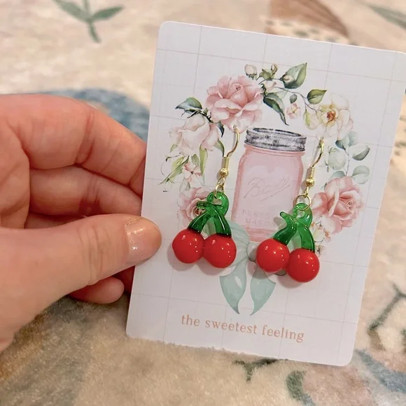 Red Glass Cherry Dangle Earrings - Picture 3 of 5